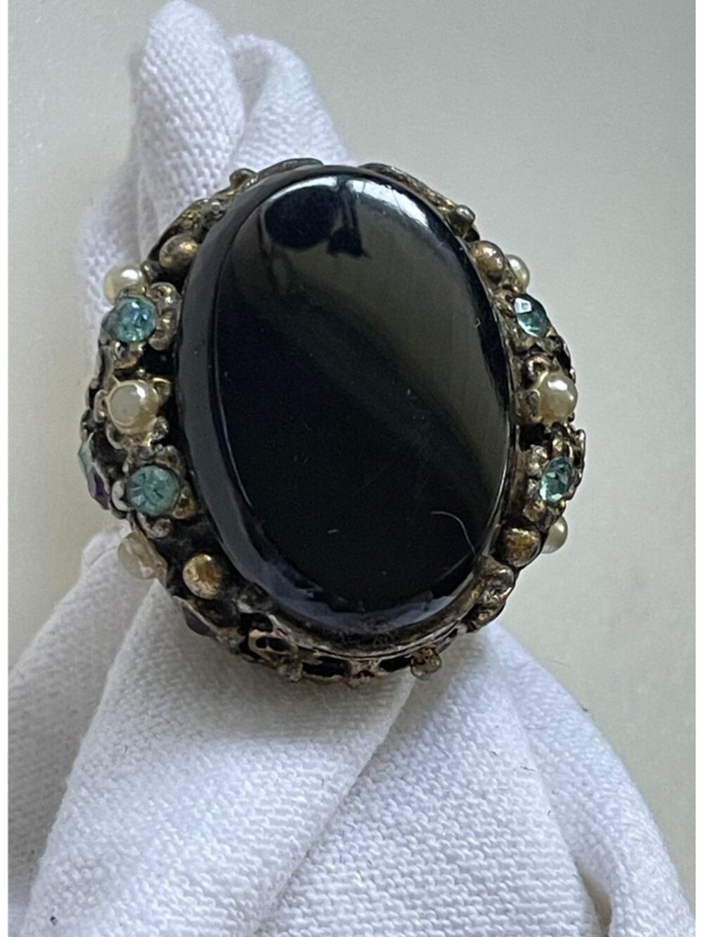 Vintage Victorian Style Ornate Black Cabochon Inner Adjustable Statement Ring